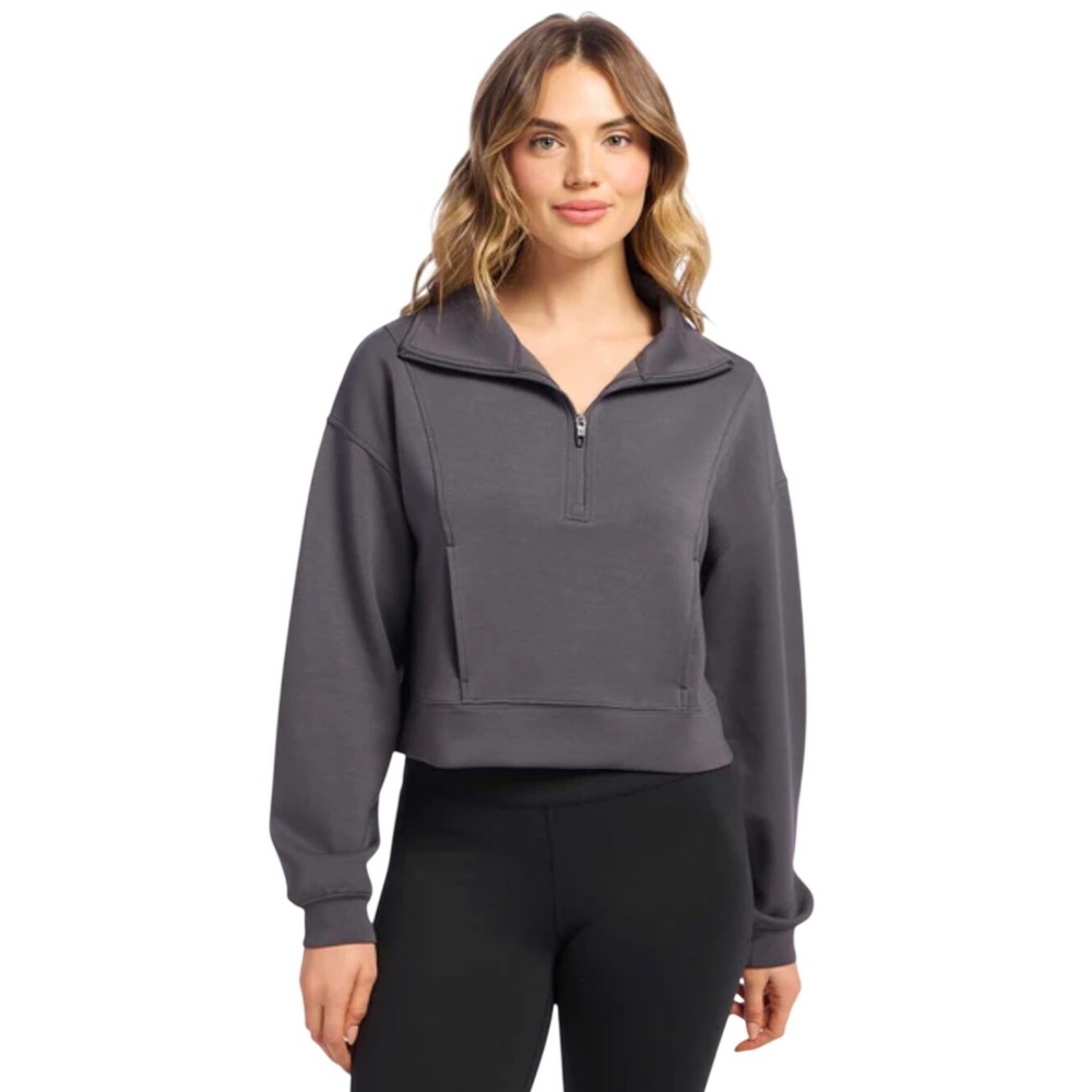 Nuuds Soft Motion Quarter-Zip Sweatshirt Charcoal Grey Cropped Pullover Med EUC‎
